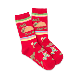 red crew socks with tacos, maracas, sombreros, and the words '{let's taco bout it}' in festive fonts.  