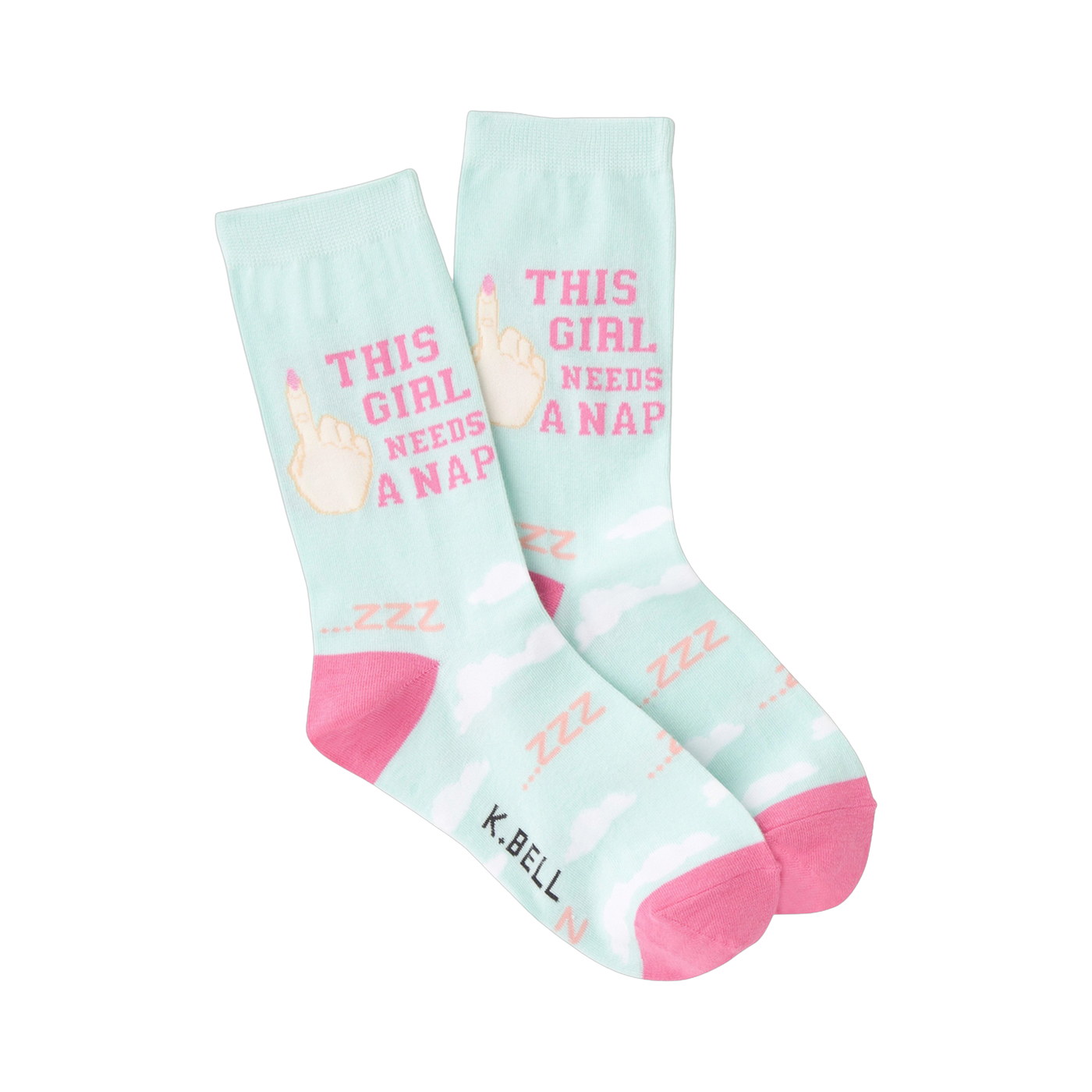 Crew socks in pastel green and pink featuring the text 'This Girl Needs a Nap' and a cartoon hand.  Sweet and funny!