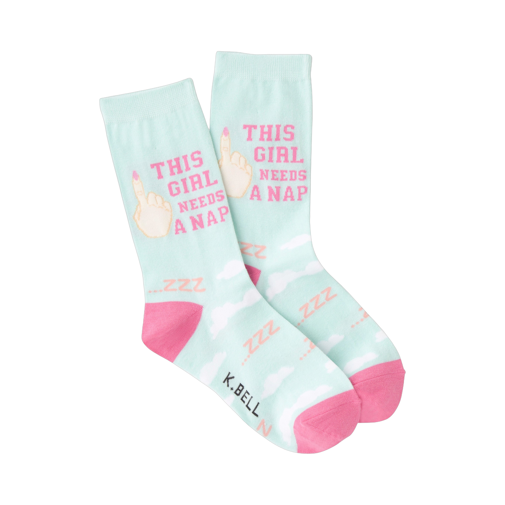 Crew socks in pastel green and pink featuring the text 'This Girl Needs a Nap' and a cartoon hand.  Sweet and funny!