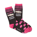 Pair of crew socks; black with hot pink polka dots, stripes, and a lounging corgi graphic; text reads 'I Can't Adult Today'.