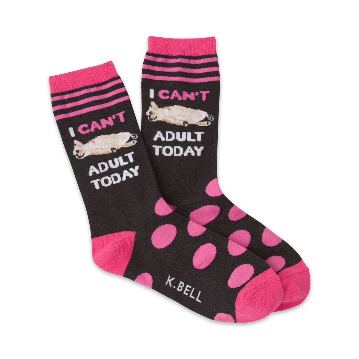 Pair of crew socks; black with hot pink polka dots, stripes, and a lounging corgi graphic; text reads 'I Can't Adult Today'.