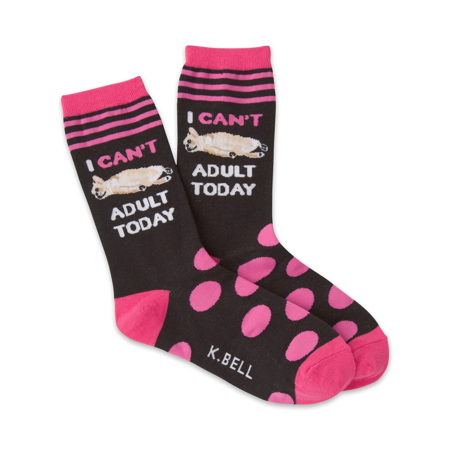 Pair of crew socks; black with hot pink polka dots, stripes, and a lounging corgi graphic; text reads 'I Can't Adult Today'.