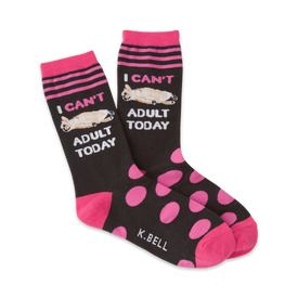 women's crew socks in black with hot pink polka dots and 'i can't adult today' text on the leg.  