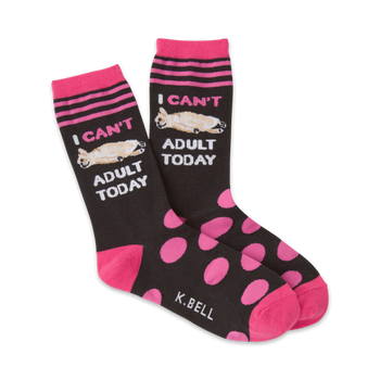 women's crew socks in black with hot pink polka dots and 'i can't adult today' text on the leg.  