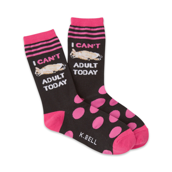 women's crew socks in black with hot pink polka dots and 'i can't adult today' text on the leg.   }}