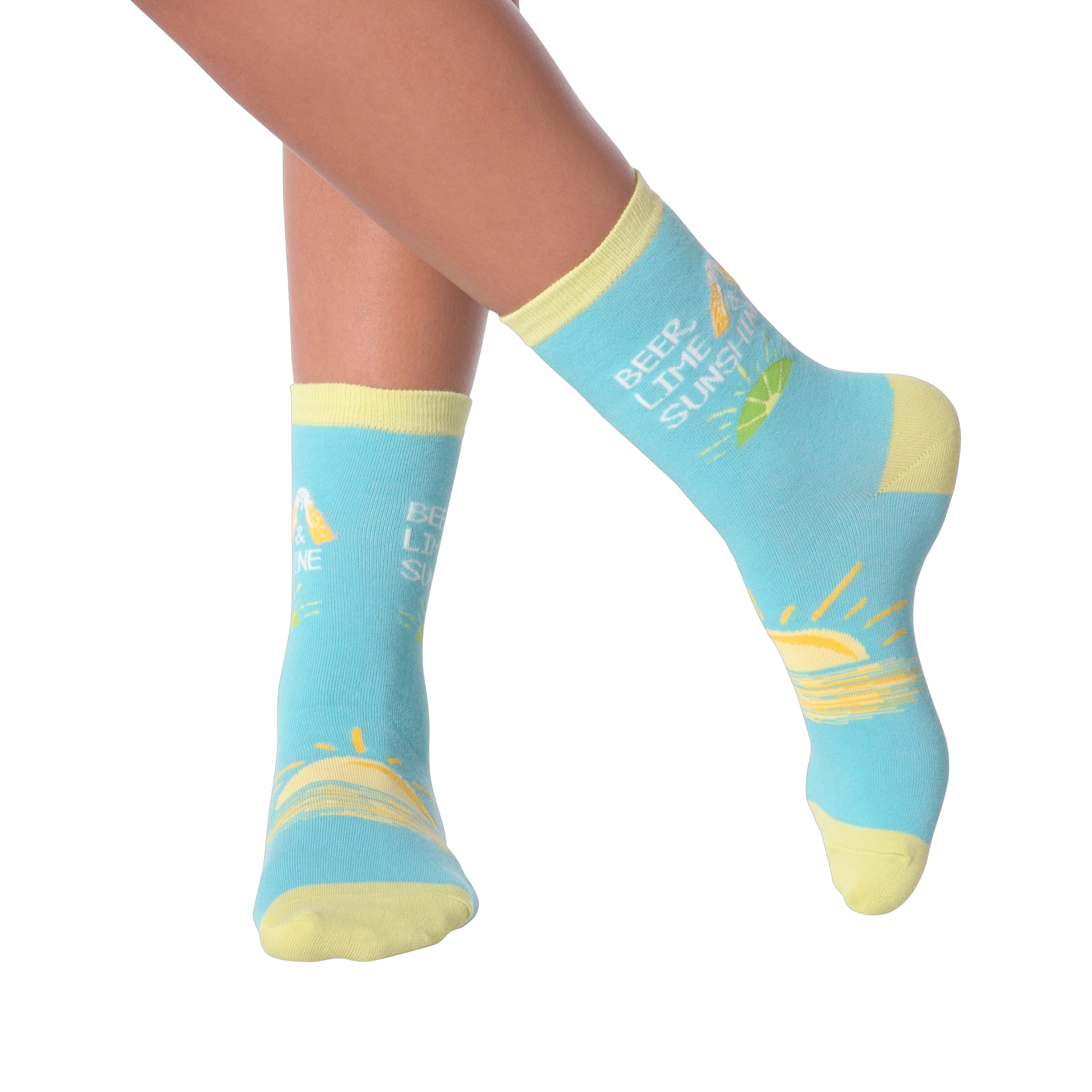 Close-up of a model's legs wearing the Beer Lime Sunshine socks.  Shows the socks on feet.