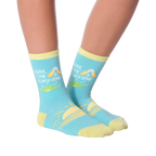 Another close-up view of the socks on a model's feet, from a slightly different angle.