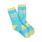 Pair of women's crew socks in light blue and pale yellow. Design features beer bottles, limes, and a sunshine graphic with the text 'Beer Lime & Sunshine'.