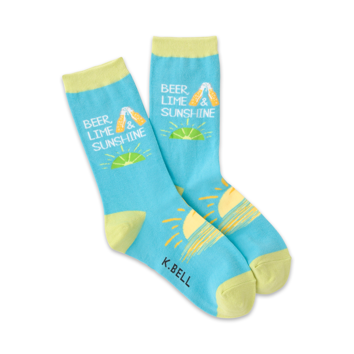 Pair of women's crew socks in light blue and pale yellow. Design features beer bottles, limes, and a sunshine graphic with the text 'Beer Lime & Sunshine'.