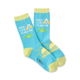 blue crew socks with "beer lime & sunshine" and images of beers, lime, and setting sun.  