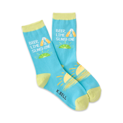 blue crew socks with "beer lime & sunshine" and images of beers, lime, and setting sun.  