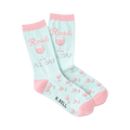 Pair of pastel pink and mint green crew socks.  Design features 'Rose All Day' text and pink rosé glasses.