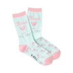 Pair of pastel pink and mint green crew socks.  Design features 'Rose All Day' text and pink rosé glasses.