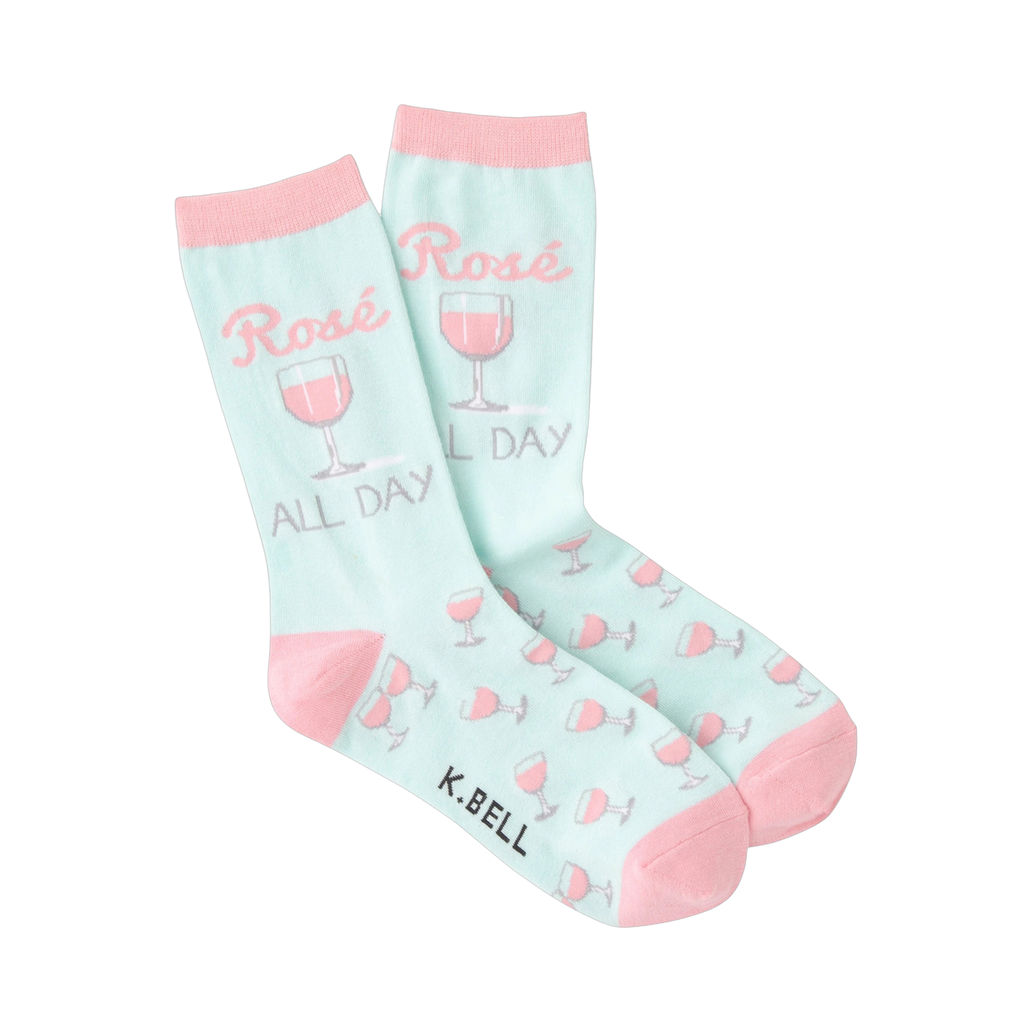Pair of pastel pink and mint green crew socks.  Design features 'Rose All Day' text and pink rosé glasses.