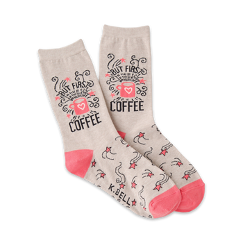 gray crew socks with pink toes, heels, and tops. text reads "but first...coffee". stars and coffee cup graphic.  
