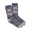 Pair of crew socks; dark blue with a grey cuff; features a cat wearing sunglasses and the text 'Check Meowt'.