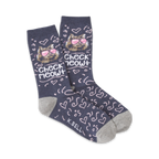 Pair of crew socks; dark blue with a grey cuff; features a cat wearing sunglasses and the text 'Check Meowt'.