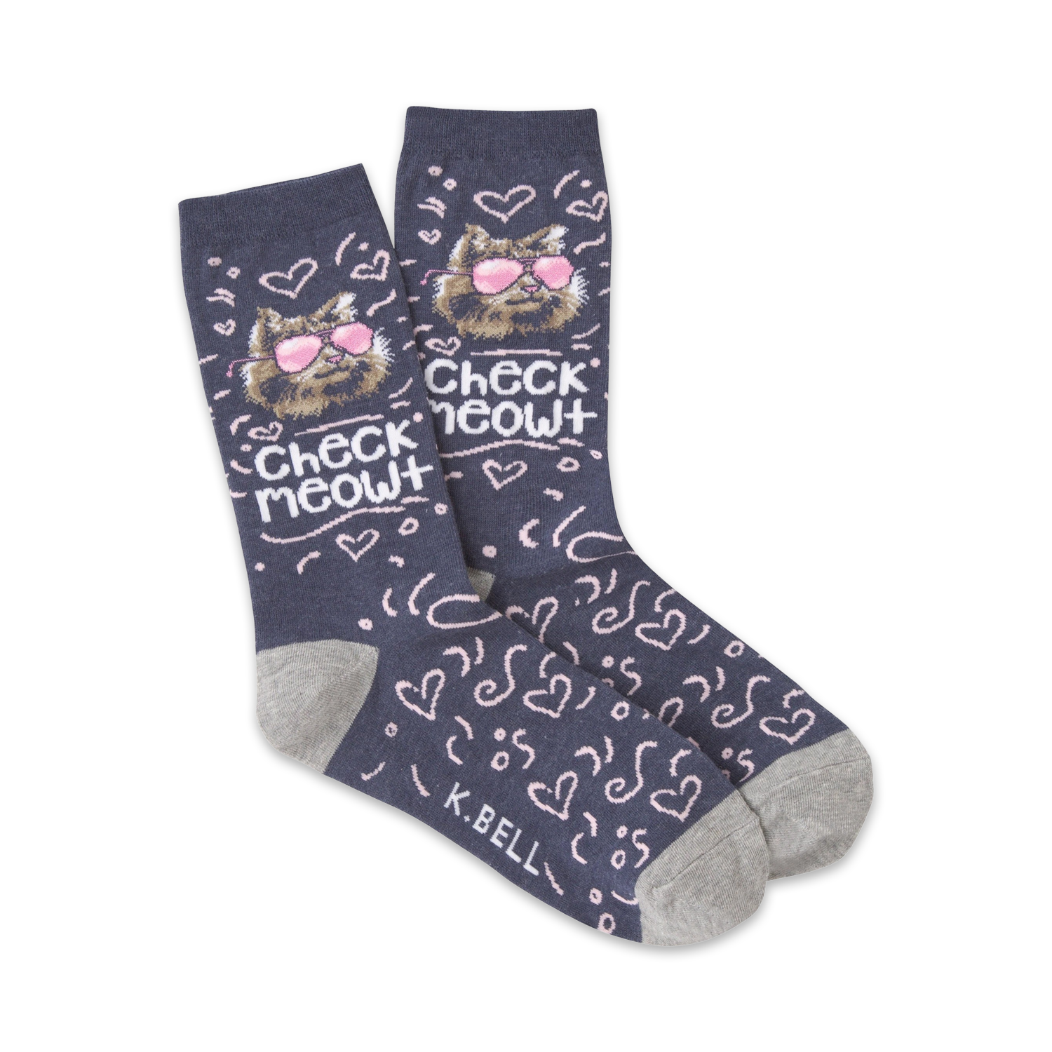 Pair of crew socks; dark blue with a grey cuff; features a cat wearing sunglasses and the text 'Check Meowt'.