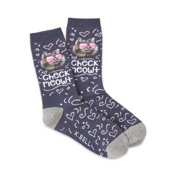  women's dark blue crew socks with light gray toe and heel. features pink cat with sunglasses and 'check meowt' text.  