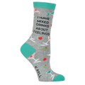 Close-up of a single 'I Have Mixed Drinks About Feelings' sock, showcasing the teal cuff and detailed design.