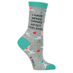 Close-up of a single 'I Have Mixed Drinks About Feelings' sock, showcasing the teal cuff and detailed design.