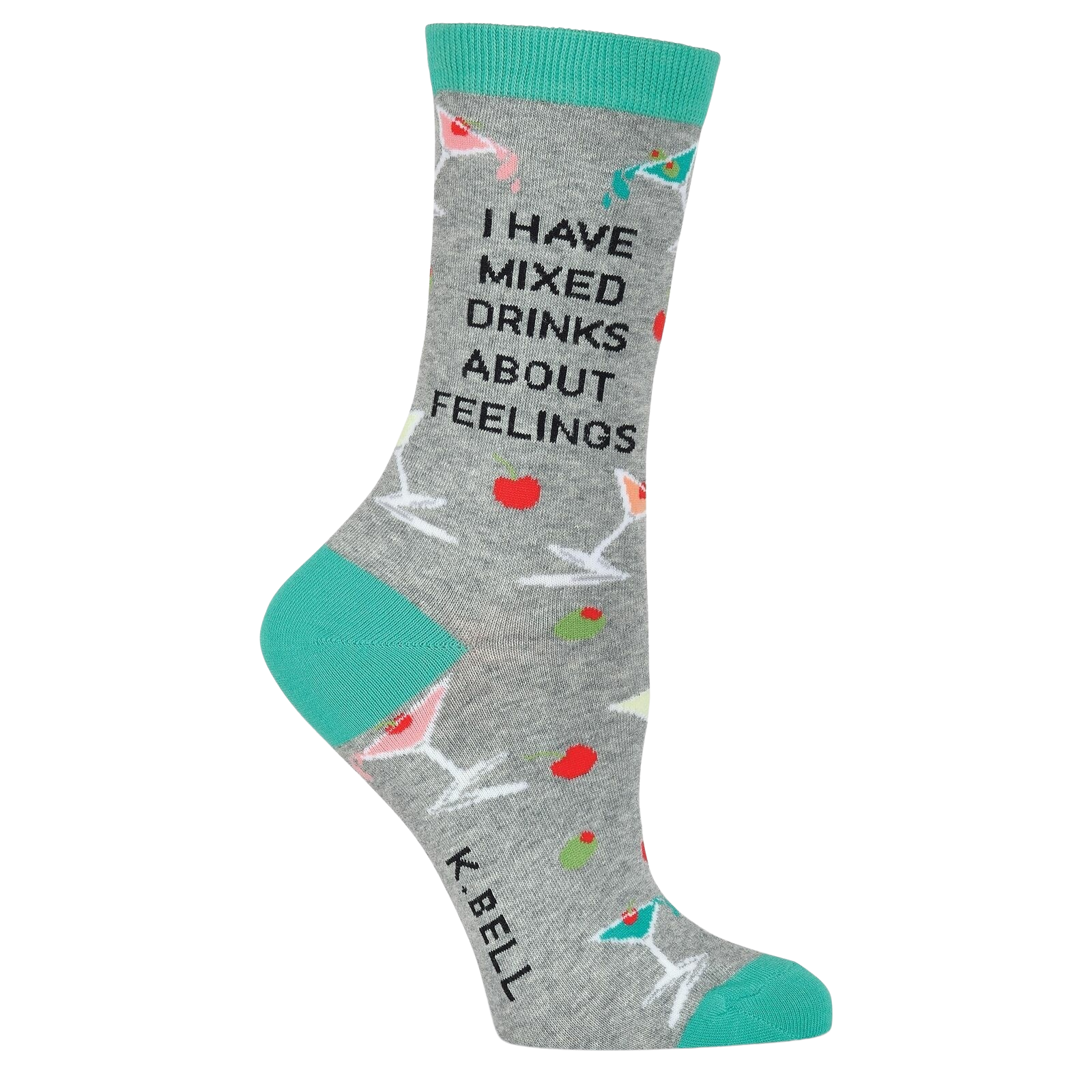 Close-up of a single 'I Have Mixed Drinks About Feelings' sock, showcasing the teal cuff and detailed design.
