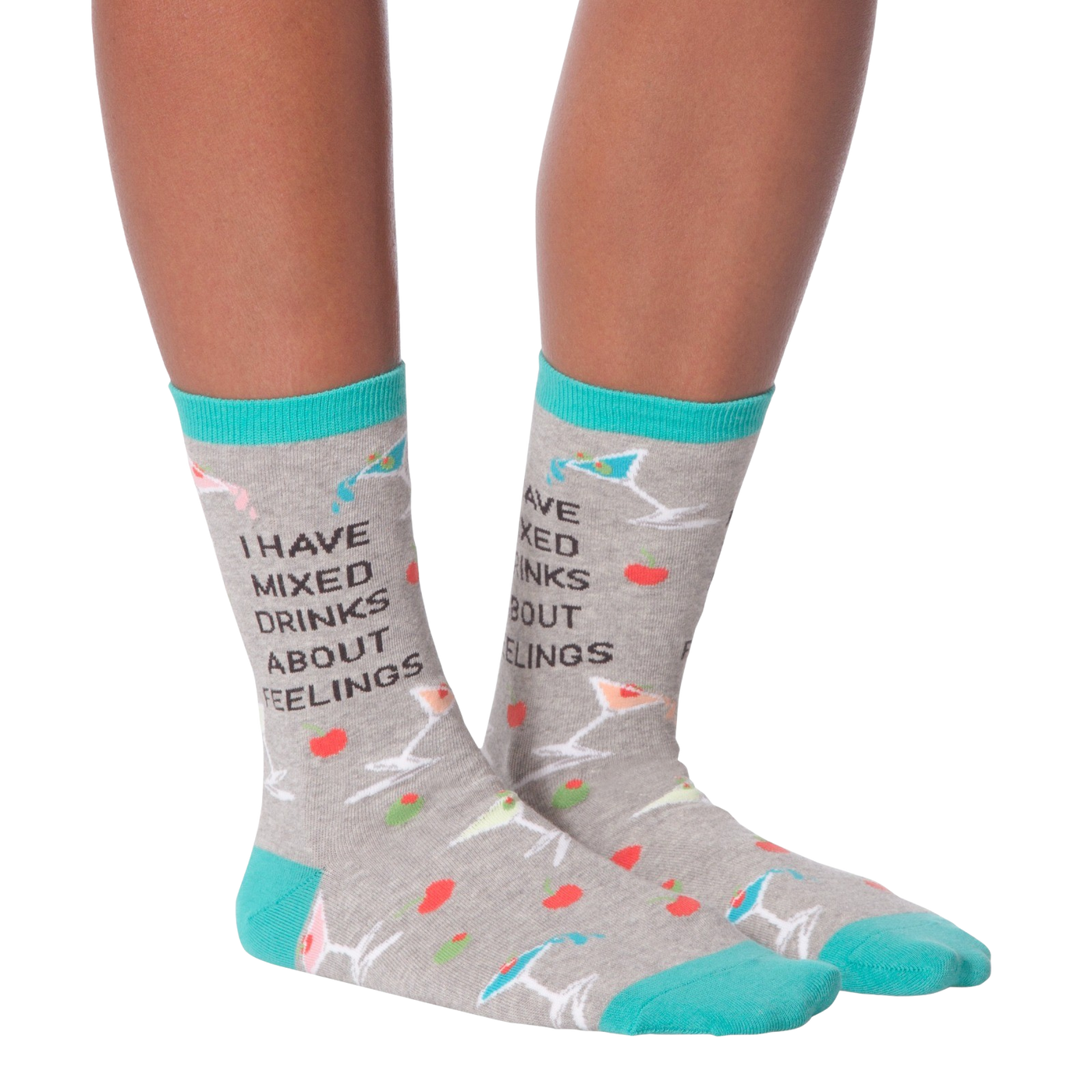 Flat lay showcasing a pair of 'I Have Mixed Drinks About Feelings' socks, ideal for showing the overall design and color scheme.