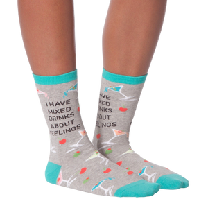 A pair of gray socks with the words 