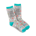 Gray crew socks with teal cuffs, featuring martini glasses, olives, cherries, and the text 'I HAVE MIXED DRINKS ABOUT FEELINGS'.