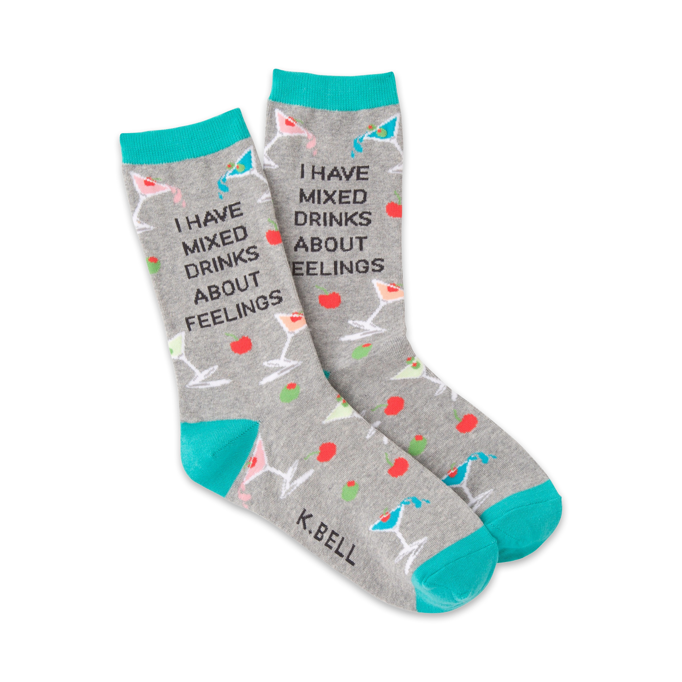 Gray crew socks with teal cuffs, featuring martini glasses, olives, cherries, and the text 'I HAVE MIXED DRINKS ABOUT FEELINGS'.