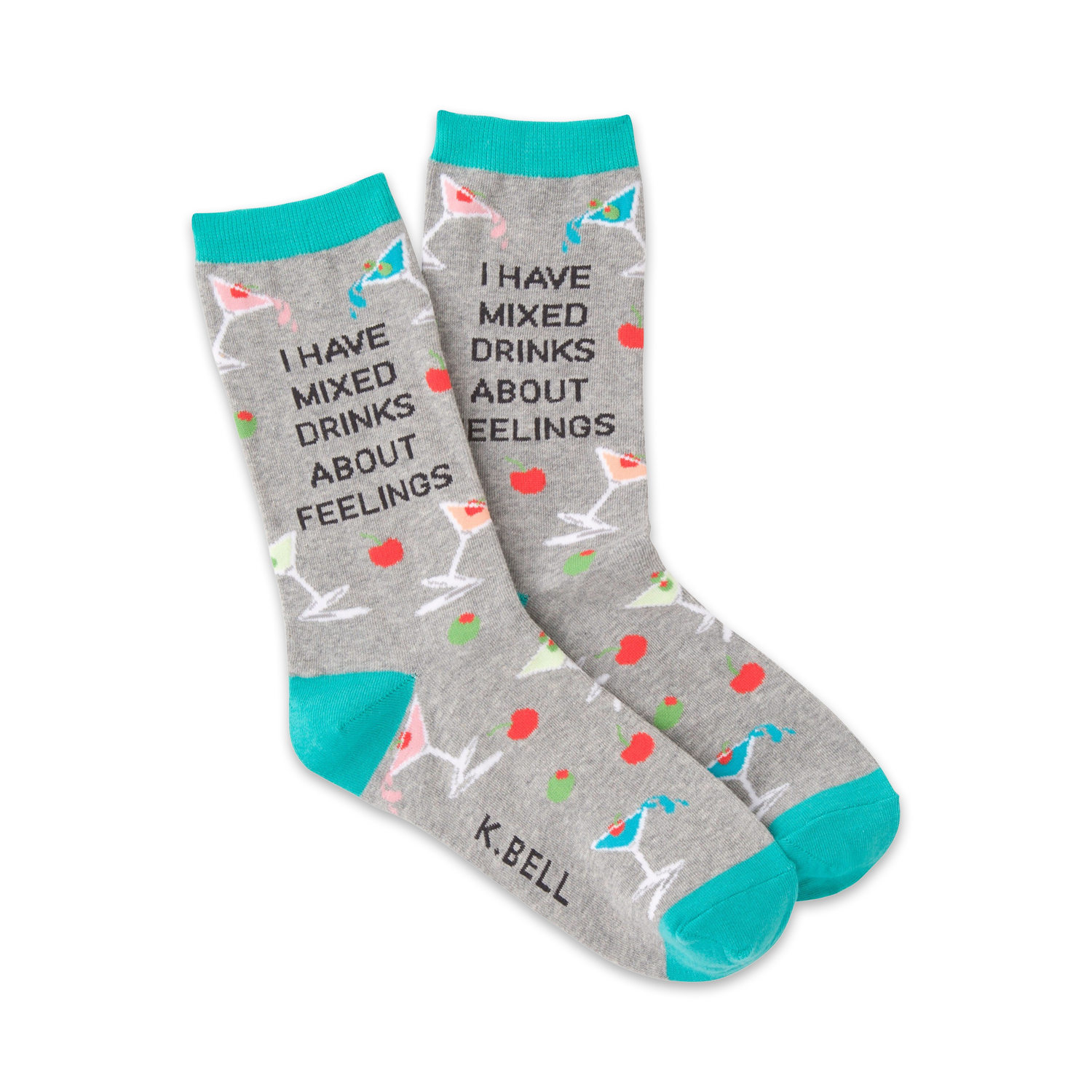 Gray crew socks with teal cuffs, featuring martini glasses, olives, cherries, and the text 'I HAVE MIXED DRINKS ABOUT FEELINGS'.
