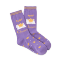 Purple crew socks with gold crowns and pillows. Text reads 'Nap Queen'. Small crowns are scattered on the sock's foot.