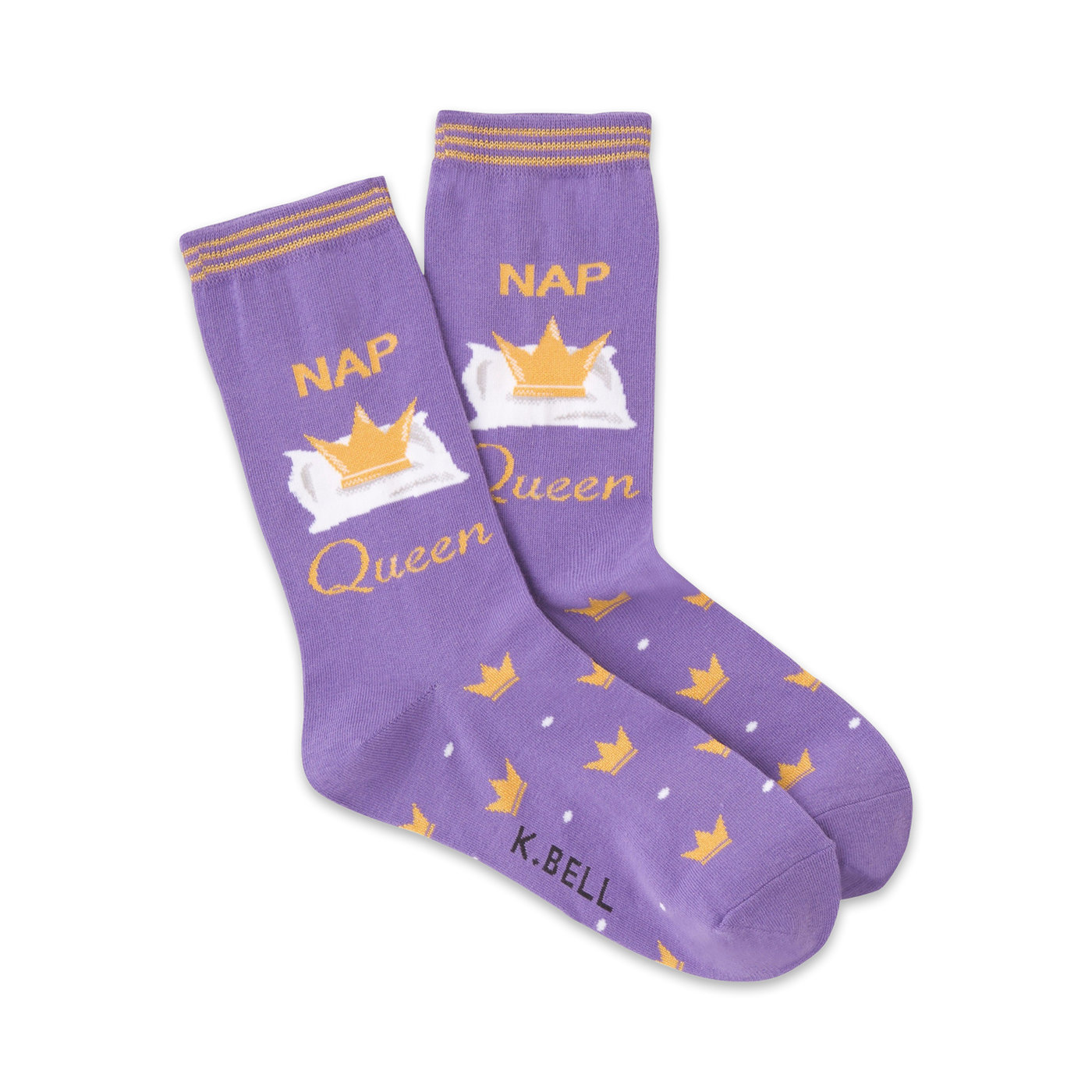Purple crew socks with gold crowns and pillows. Text reads 'Nap Queen'. Small crowns are scattered on the sock's foot.