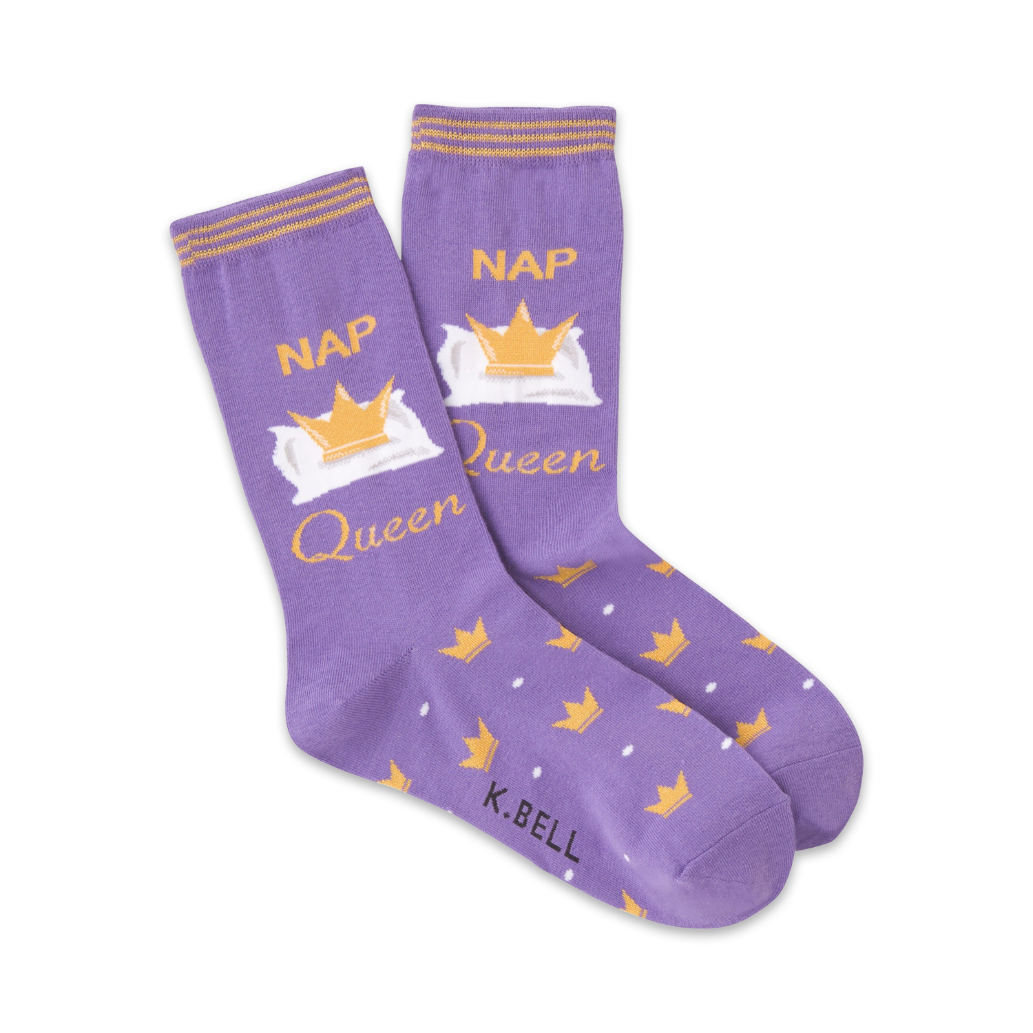 Purple crew socks with gold crowns and pillows. Text reads 'Nap Queen'. Small crowns are scattered on the sock's foot.