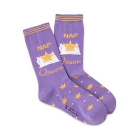 purple crew socks with white pillow, gold crown and 'nap queen' text.  