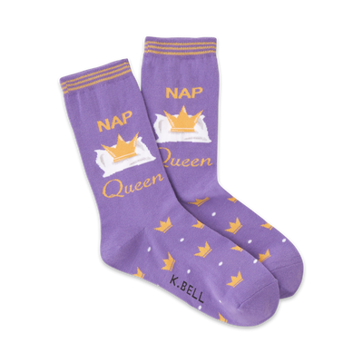 purple crew socks with white pillow, gold crown and 'nap queen' text.  