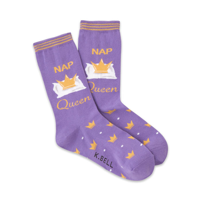 purple crew socks with white pillow, gold crown and 'nap queen' text.   }}