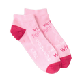 Pair of pink ankle socks.  The socks feature a darker pink heel and toe, and inspirational words in a faded pink print.
