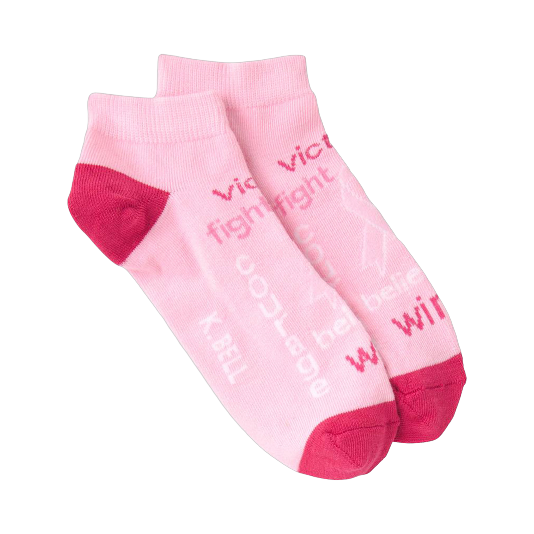 Pair of pink ankle socks.  The socks feature a darker pink heel and toe, and inspirational words in a faded pink print.