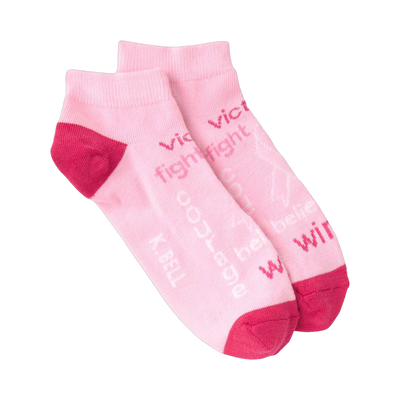 Pair of pink ankle socks.  The socks feature a darker pink heel and toe, and inspirational words in a faded pink print.