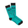 A pair of teal crew socks with a black cuff. The socks feature a playful 'Are You Drunk?' poll with the 'no' box marked.