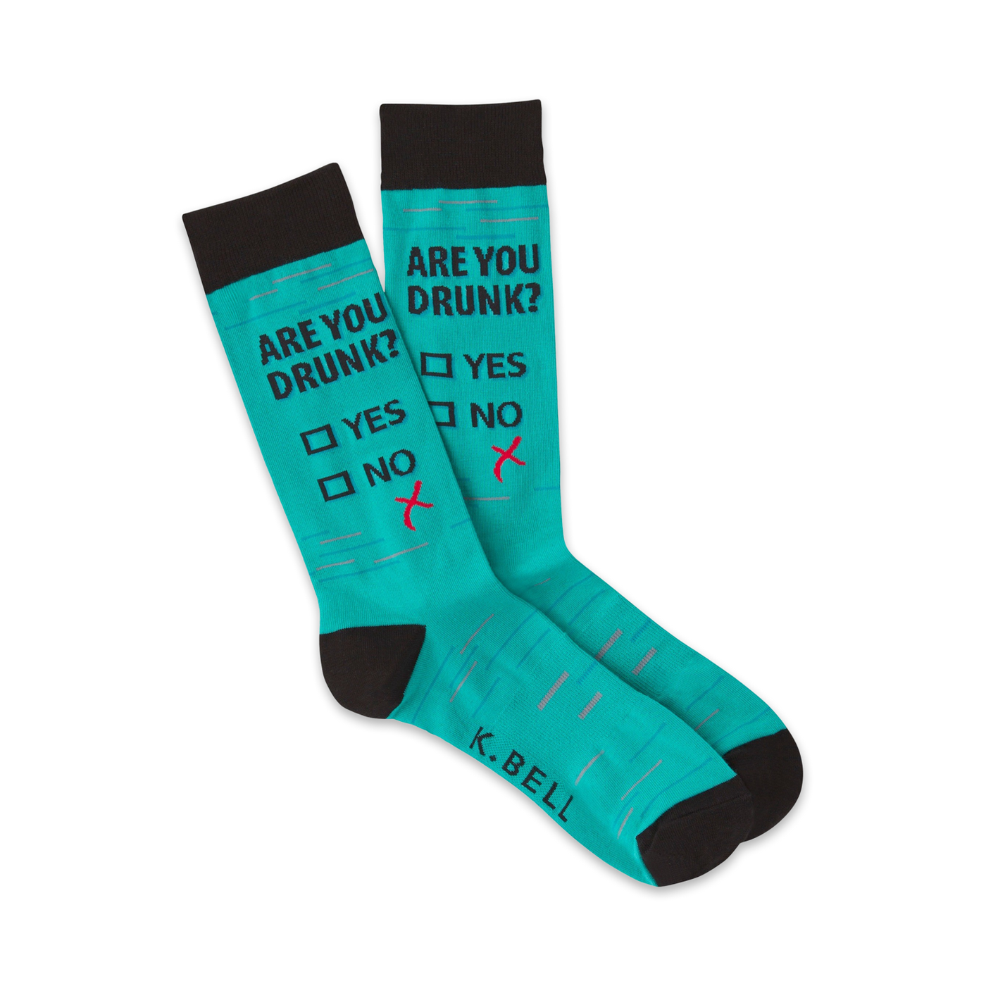 A pair of teal crew socks with a black cuff. The socks feature a playful 'Are You Drunk?' poll with the 'no' box marked.