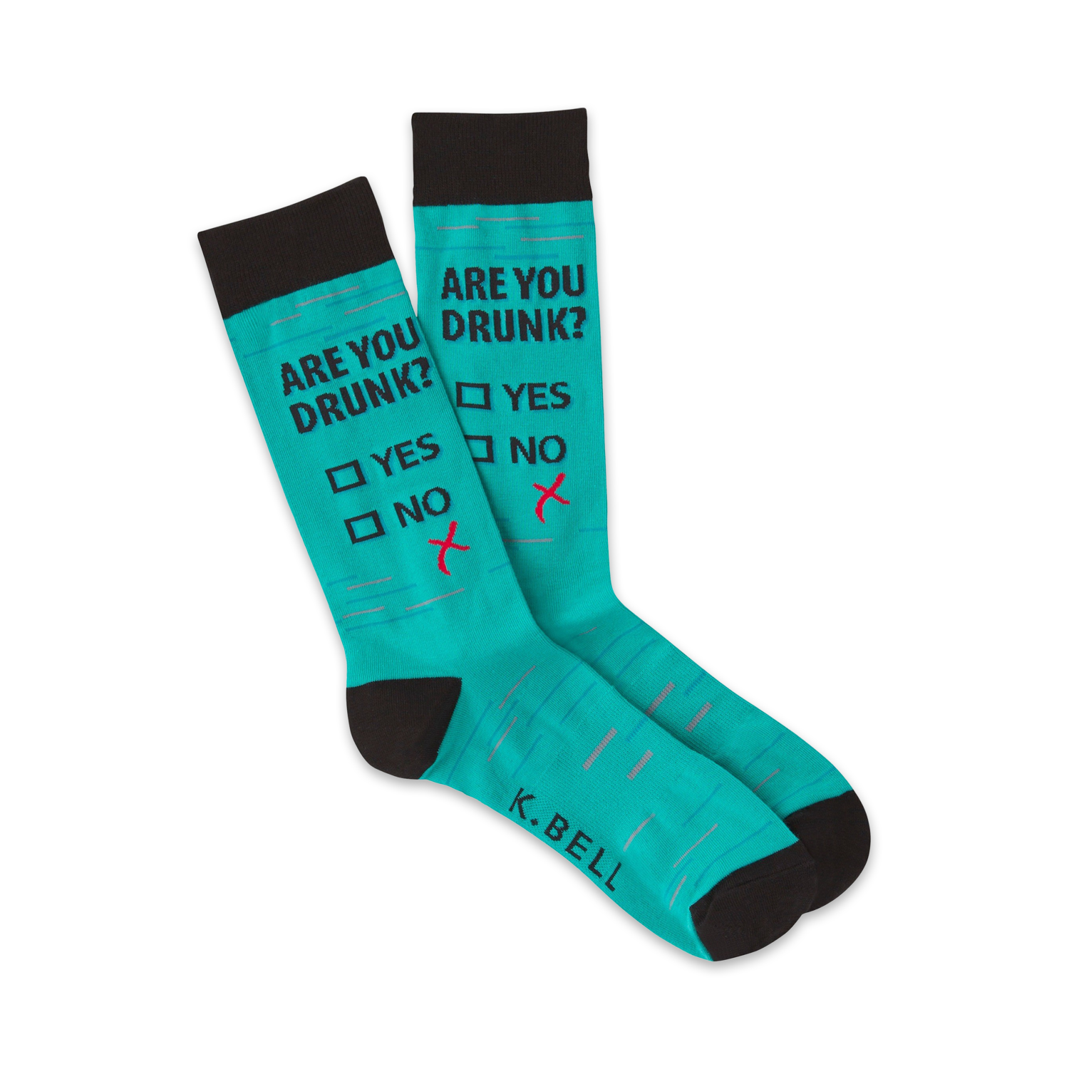 A pair of teal crew socks with a black cuff. The socks feature a playful 'Are You Drunk?' poll with the 'no' box marked.