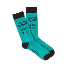 blue, black, and white crew socks with â€œare you drunk? ..yes or noâ€ printed on the foot.  