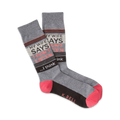 Pair of crew socks in grey, black, and coral.  The socks feature the text 'My Wife Says I Don't Listen...I think'