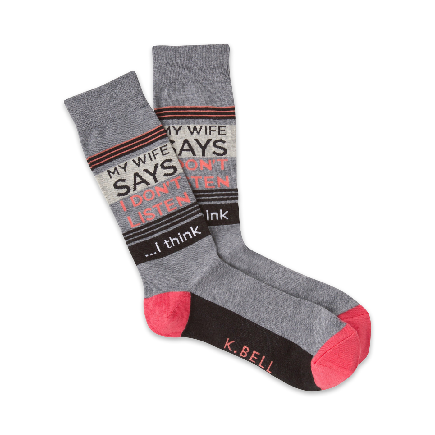Pair of crew socks in grey, black, and coral.  The socks feature the text 'My Wife Says I Don't Listen...I think'