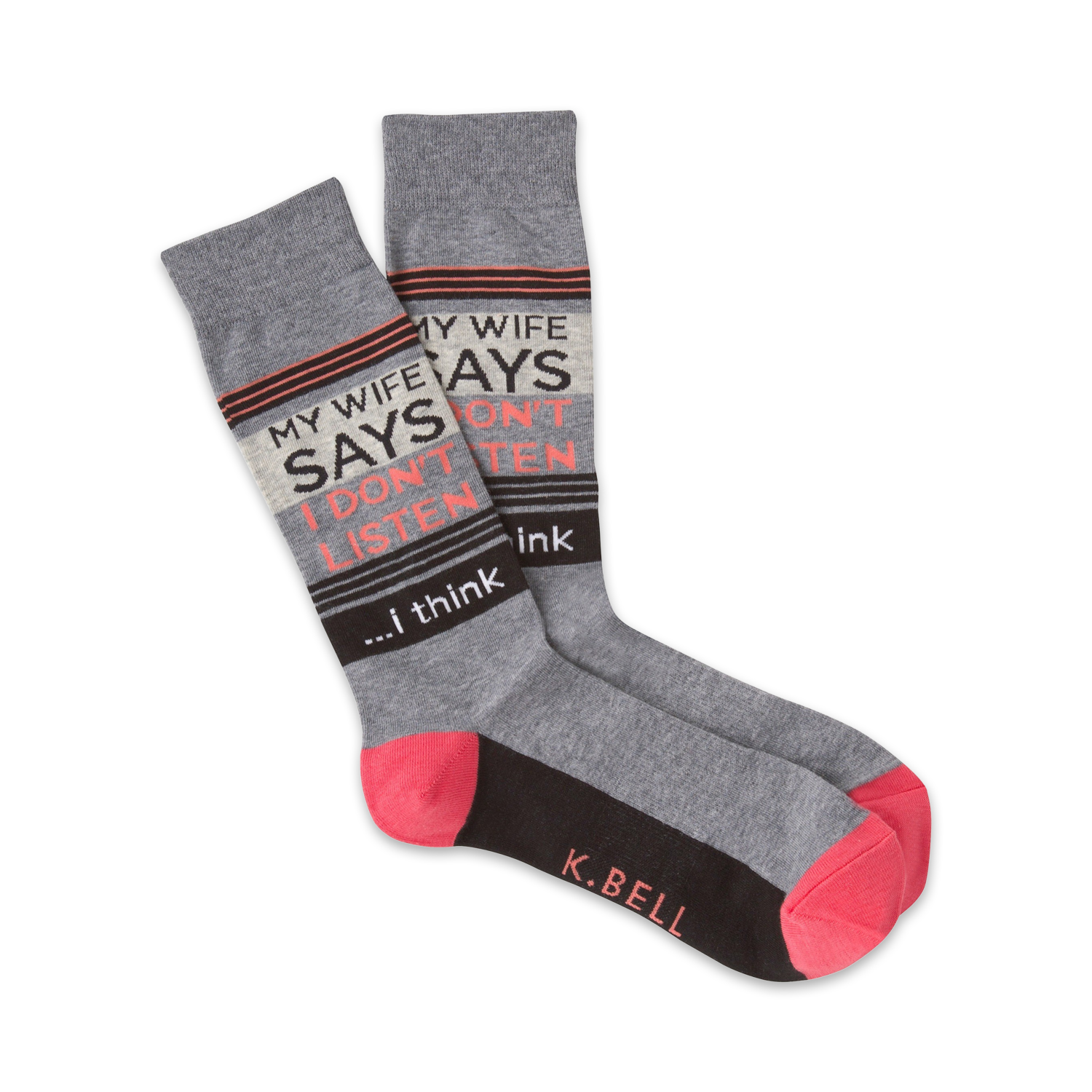 Pair of crew socks in grey, black, and coral.  The socks feature the text 'My Wife Says I Don't Listen...I think'