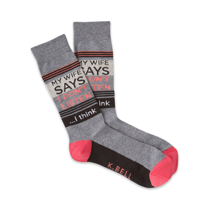 crew length gray socks with bright pink toes and heels. feature the words 