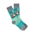 Pair of teal and gray crew socks featuring a graphic of a dog with a beer, text reads 'In dog beers I've had 1'.