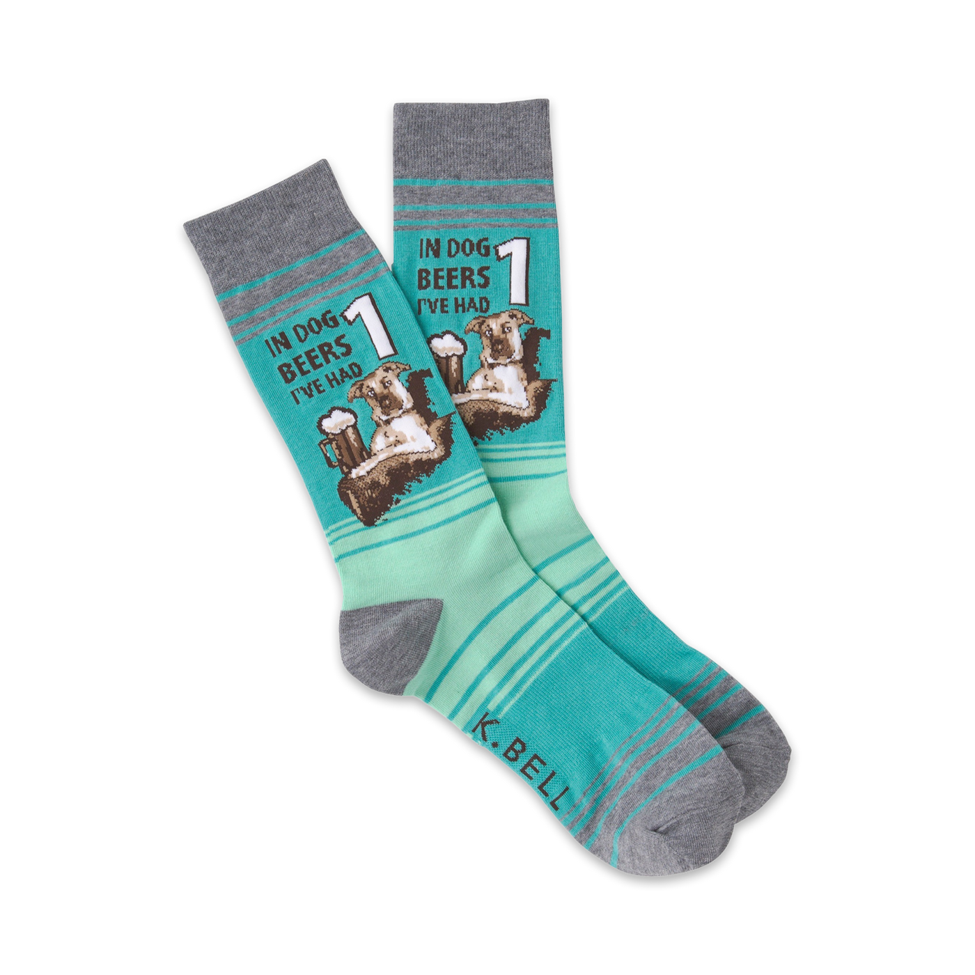 Pair of teal and gray crew socks featuring a graphic of a dog with a beer, text reads 'In dog beers I've had 1'.